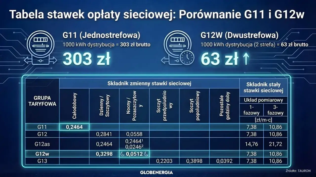 Tabela pokazuje, w jakich godzinach prąd jest najtańszy. Taryfa G12w ma najniższe stawki nocne i pozaszczytowe.
