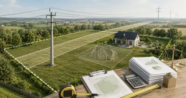 Działka z domem i słupami energetycznymi. Obliczenia i waga szalkowa sugerują, ile wynosi odszkodowanie za słupy energetyczne na działce.