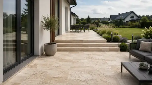 Piękny taras i schody z trawertynu, naturalnego kamienia, tworzą elegancką przestrzeń wokół nowoczesnego domu z ogrodem.