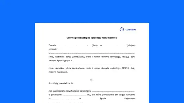 Umowa przedwstępna sprzedaży nieruchomości, zawierająca dane sprzedającego i kupującego, a także informacje o działce.