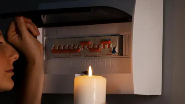 Kobieta sprawdza bezpieczniki przy świecy. Brak prądu w gniazdkach, ale bezpieczniki ok.