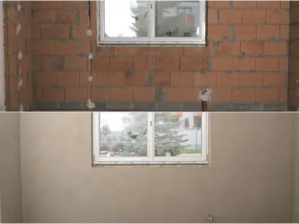 Przed i po: surowe ściany z pustaków i gotowe tynki na zimę bez ogrzewania.