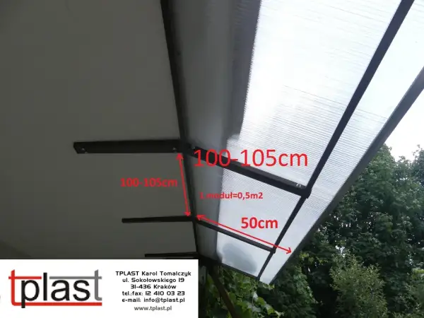 Daszki balkonowe do samodzielnego montażu. Wymiary 100-105cm, moduł 0,5m2, wysięg 50cm.