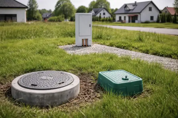 Na działce z domami w tle widać studzienkę kanalizacyjną, zieloną skrzynkę i białą szafkę techniczną.