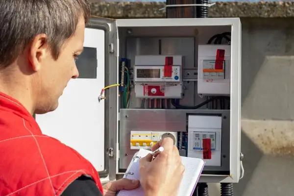 Elektryk spisuje protokół wymiany licznika elektrycznego, notując odczyty w zeszycie.