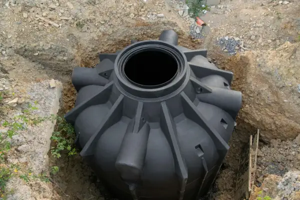 Rozpoczęcie montażu szamba plastikowego. Zbiornik czeka na umieszczenie w wykopie.