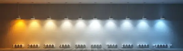 Różne barwy światła od ciepłej żółtej do zimnej niebieskiej, pokazujące skalę od 1000 do 10000K. Jaka to barwa 6500K? To chłodne, białe światło.