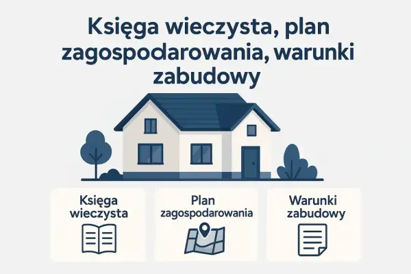 Księga wieczysta, plan zagospodarowania i warunki zabudowy – kluczowe dokumenty przy budowie domu. Ikony symbolizują te dokumenty.