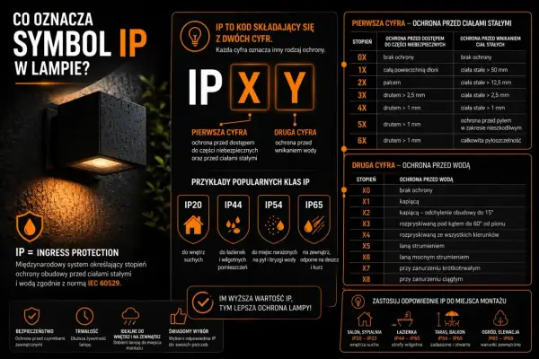 IP67 co oznacza? To stopień ochrony lampy przed pyłem i wodą. Wyższa wartość IP to lepsza ochrona.