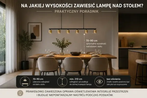 Nowoczesne rodzaje lamp wiszących nad stołem jadalnianym, z zaznaczoną optymalną wysokością zawieszenia 70-90 cm.