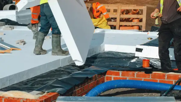 Budowlańcy układają płyty styropianu na stropie betonowym. Dużo styropianu na stropie betonowym to dobra izolacja.