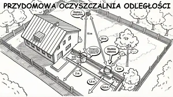 Schemat pokazuje odległość studni od szamba i innych elementów. Odległość studni z wodą pitną od biologicznej oczyszczalni wynosi 15 m.